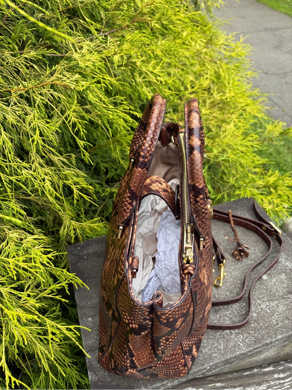 Michael Kors Brown Snakeskin Embossed Satchel Crossbody Brown Python Print - Picture 4 of 13